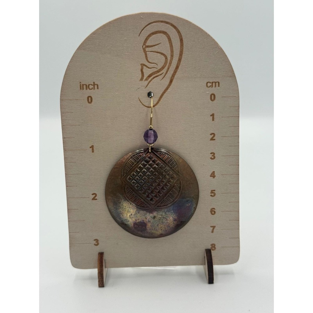 Handmade Hammered Copper Disc Earrings Amethyst Bead Geometric Boho Statement - Picture 2 of 6